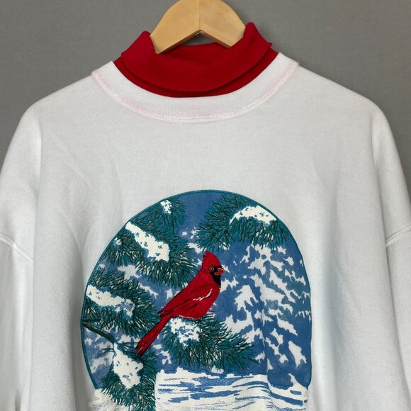 Vintage 90s Christmas Sweatshirt Cardinal Bird Winter White‎ Size XL Holiday Top - Picture 4 of 13